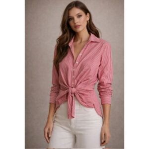 J.Peterman 1950s Tie-Front Blouse Pink Starburst Pleats Striped Button-Up Top 12